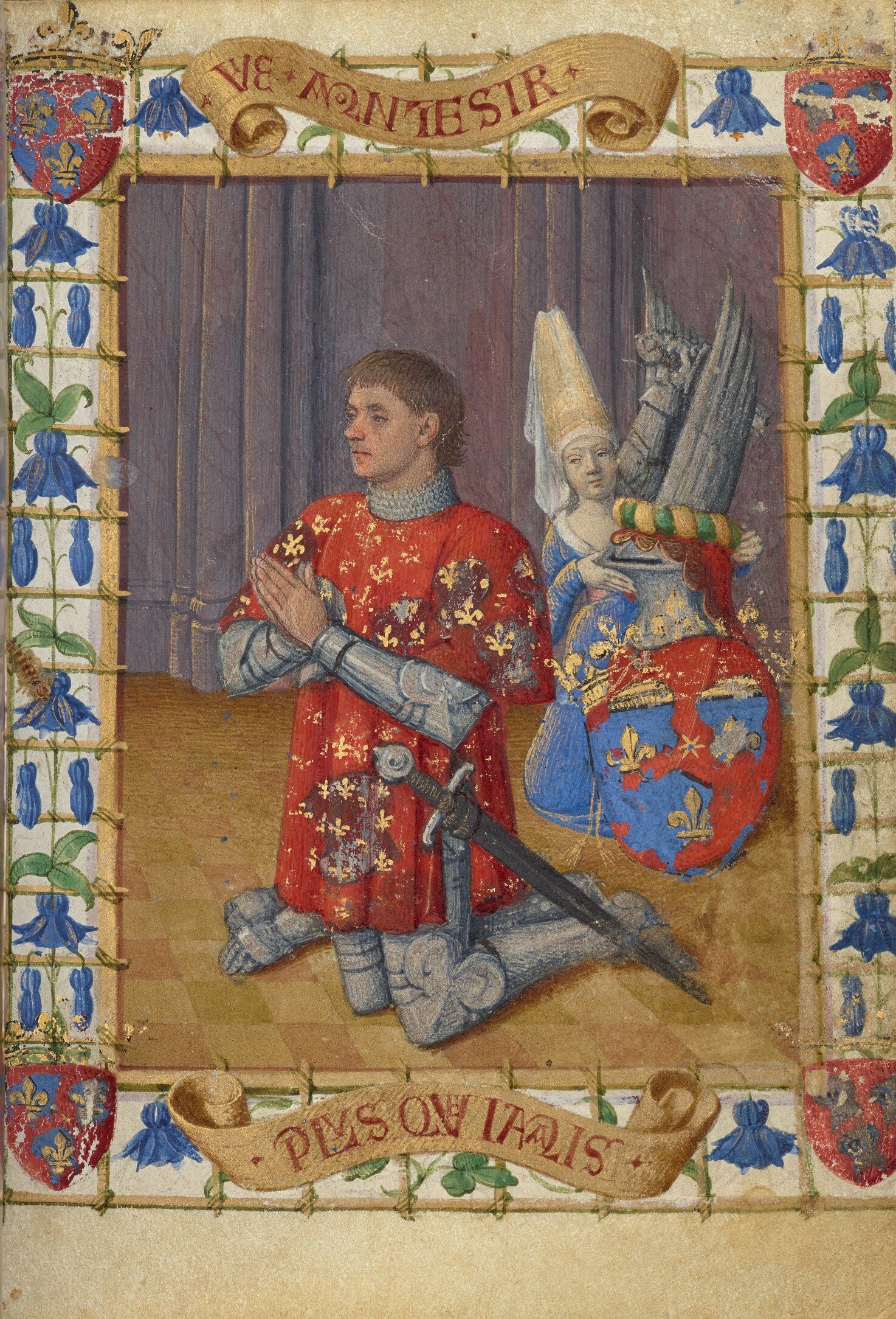 An illuminated leaf with a kneeling armoured man, a woman holding a shield, floral borders and armorial corners, and red lettering on gold scrolls above and below the scene.