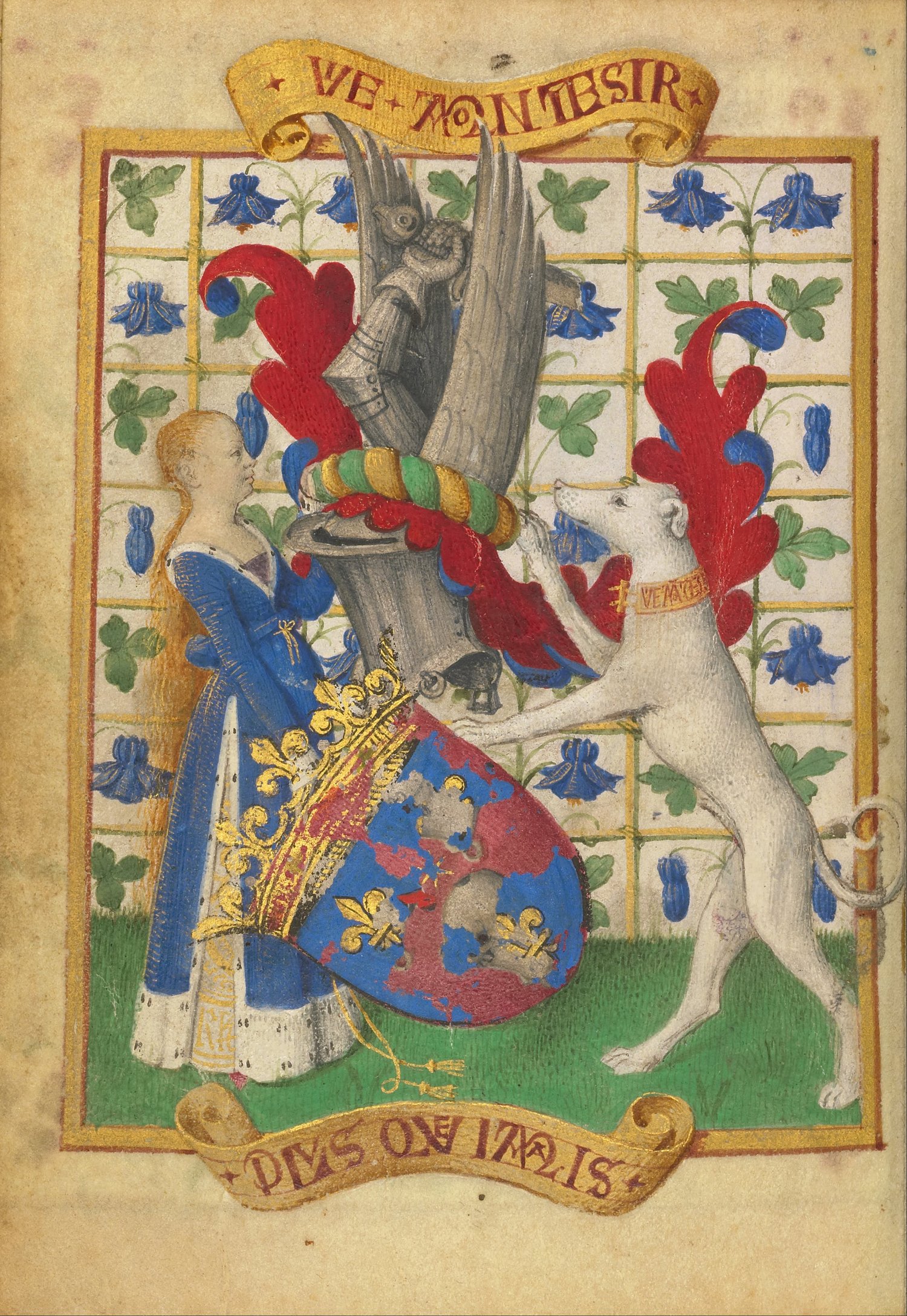 An illuminated leaf with a woman and white dog beside an armorial shield, helmet and winged crest; red motto lettering appears on upper and lower gold scrolls and on the dog’s collar.