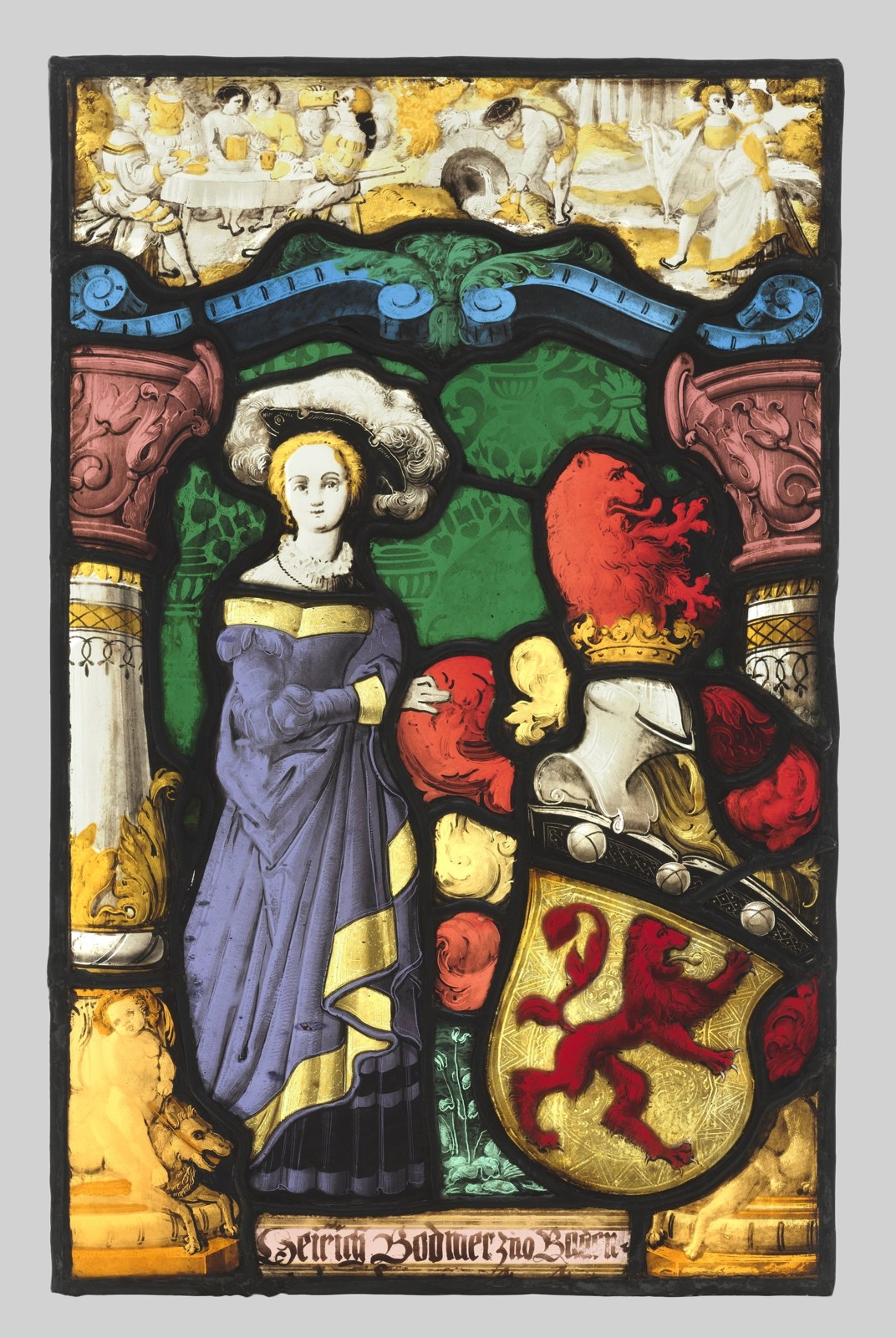 A large animal-bearing shield and helmet stand beside a woman in a long gown and elaborate hat. Smaller scenes occupy the top and lower border.
