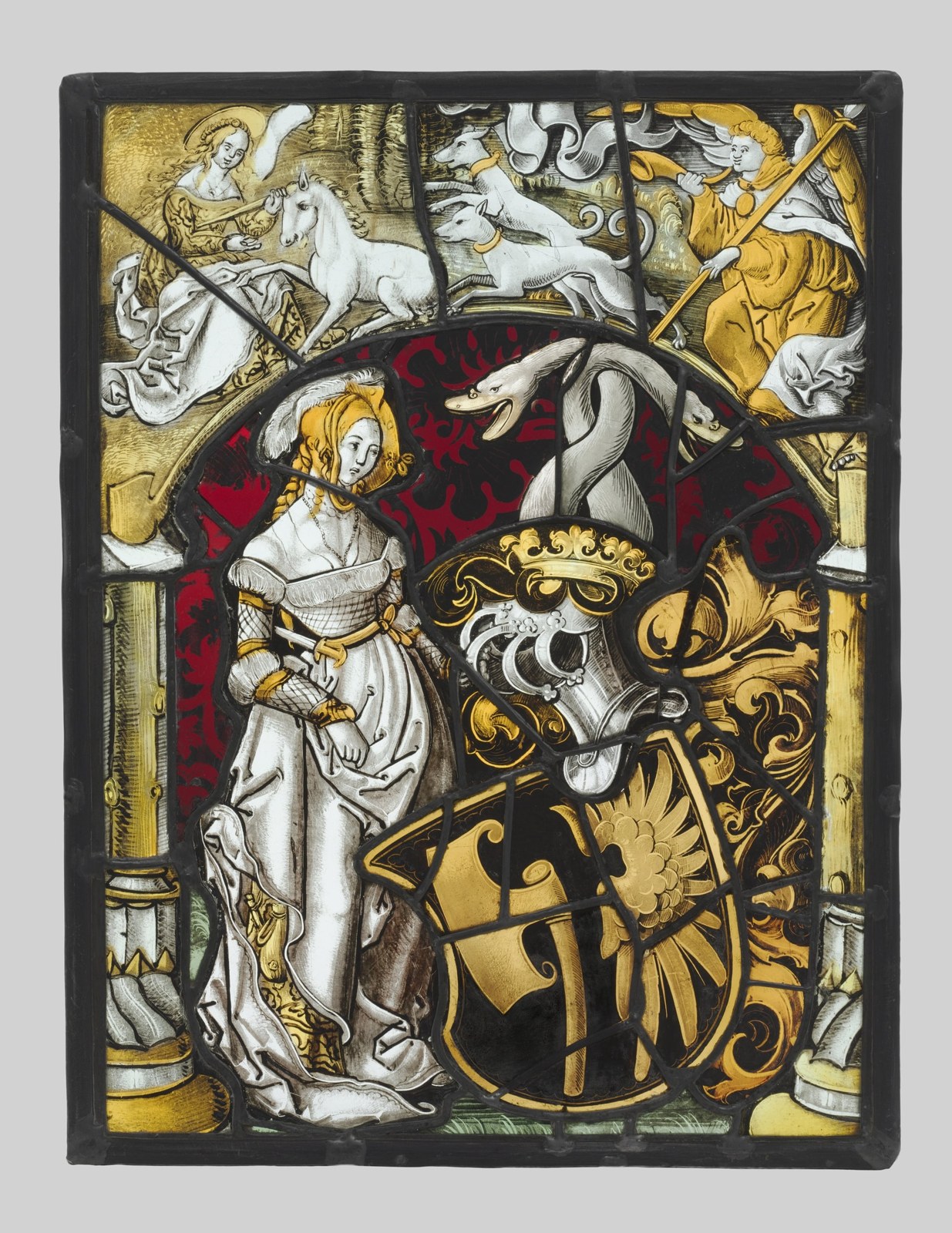 A shield and helmet occupy the lower portion beside human figures. An upper scene includes a unicorn, a seated woman, hounds, and a winged figure.