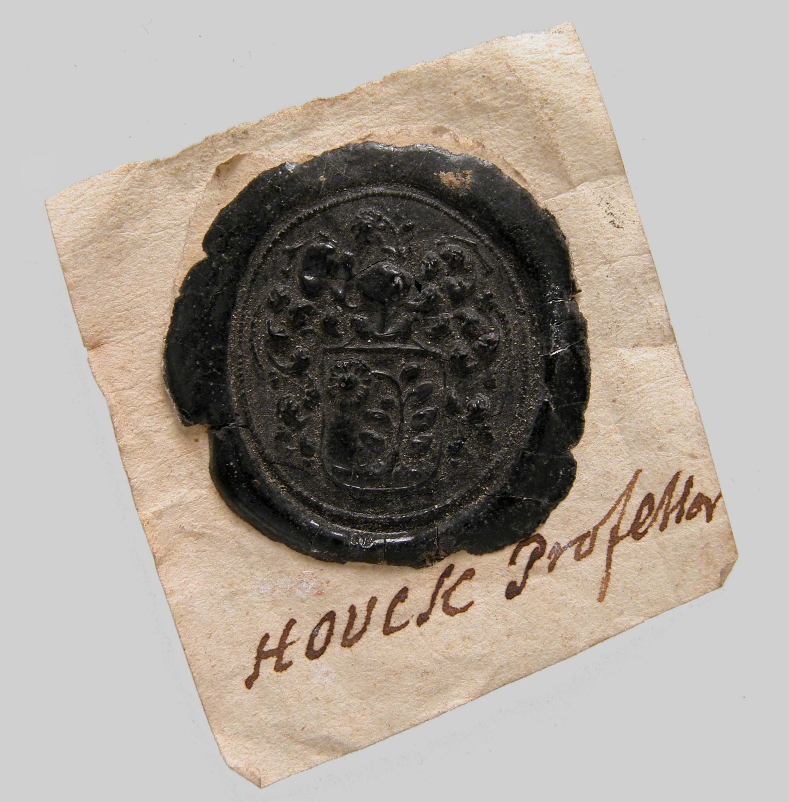 A dark wax armorial impression mounted on a light paper support, with handwriting on the separate mount. The wax's single dark material does not identify the tinctures of the represented shield.