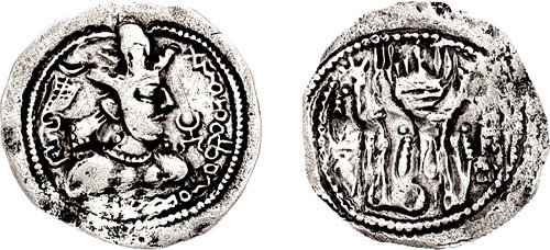 Both faces of a silver Alchon coin: a portrait and angular mark on the left photograph, and a fire altar with attendants on the right photograph.